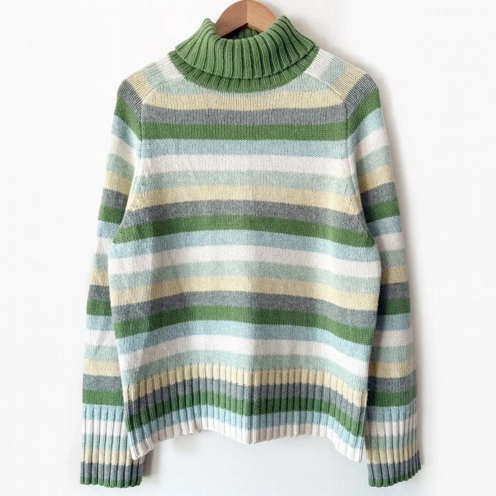 GAP 2003 Y2K Striped Turtleneck Sweater Green Cream Wool Blend XL Hong Kong - Picture 2 of 13